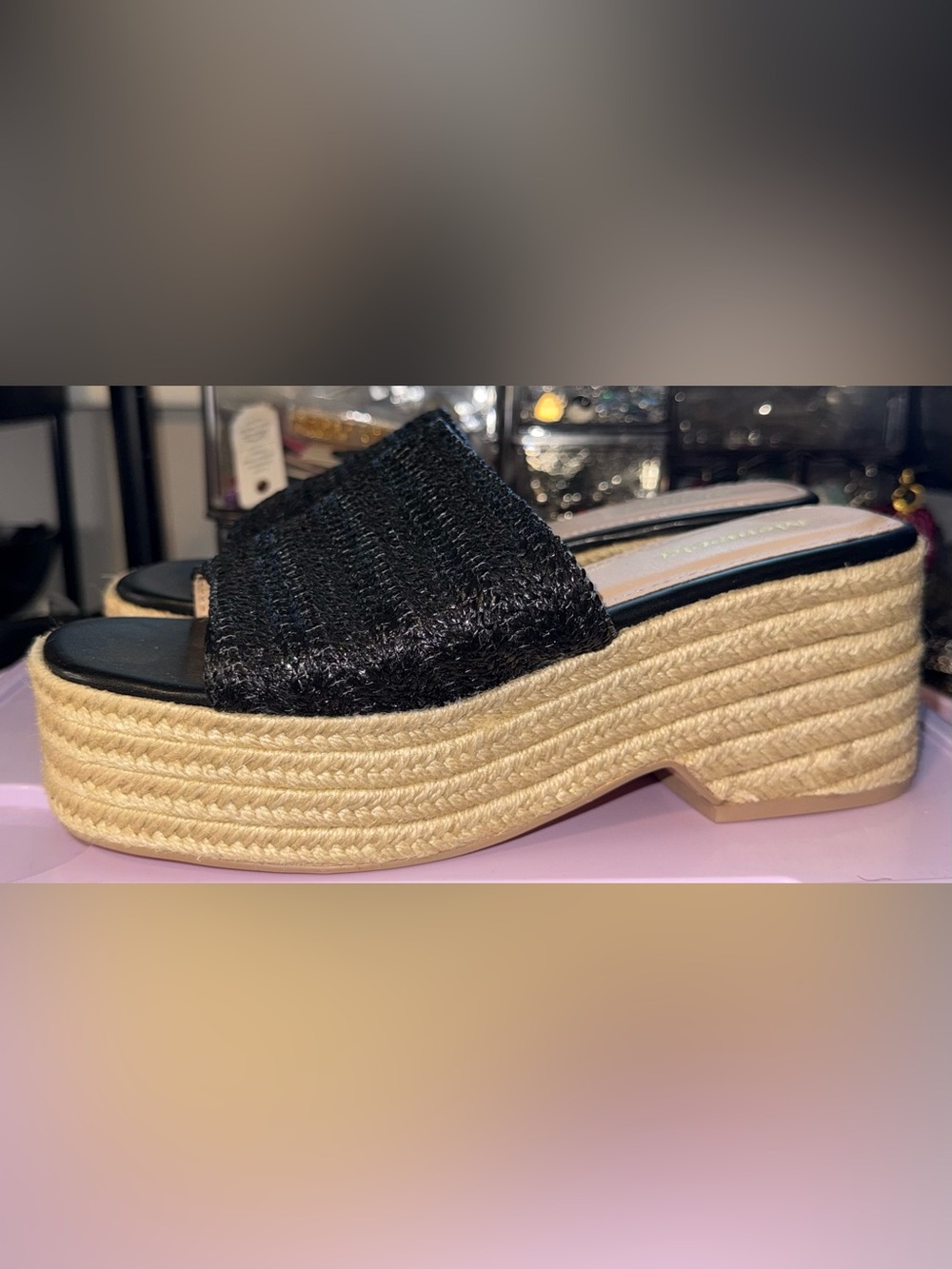 NWOT Black Woven Espadrille Platform Slide